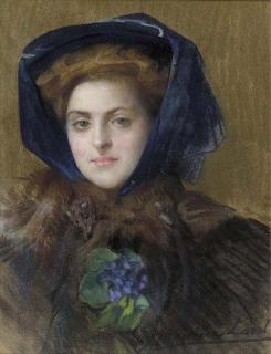 François Maurice Lard - Portrait of a lady, bust-length, wearing a fur stole and blue bonnet