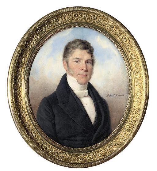 François Meuret - A gentleman, in black coat and sprigged black waistcoat, pleated white shirt and tied cravat; sky background