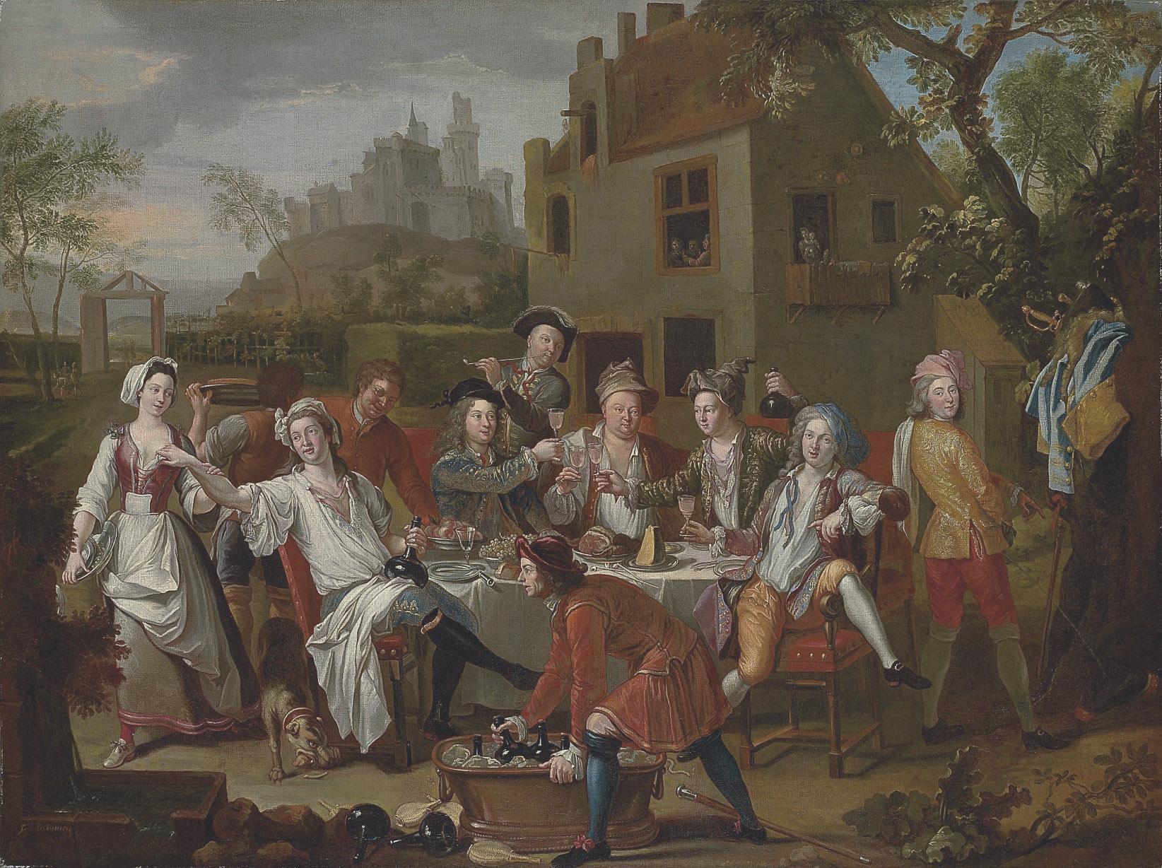François Octavien - An elegant company at a table outside a farm house