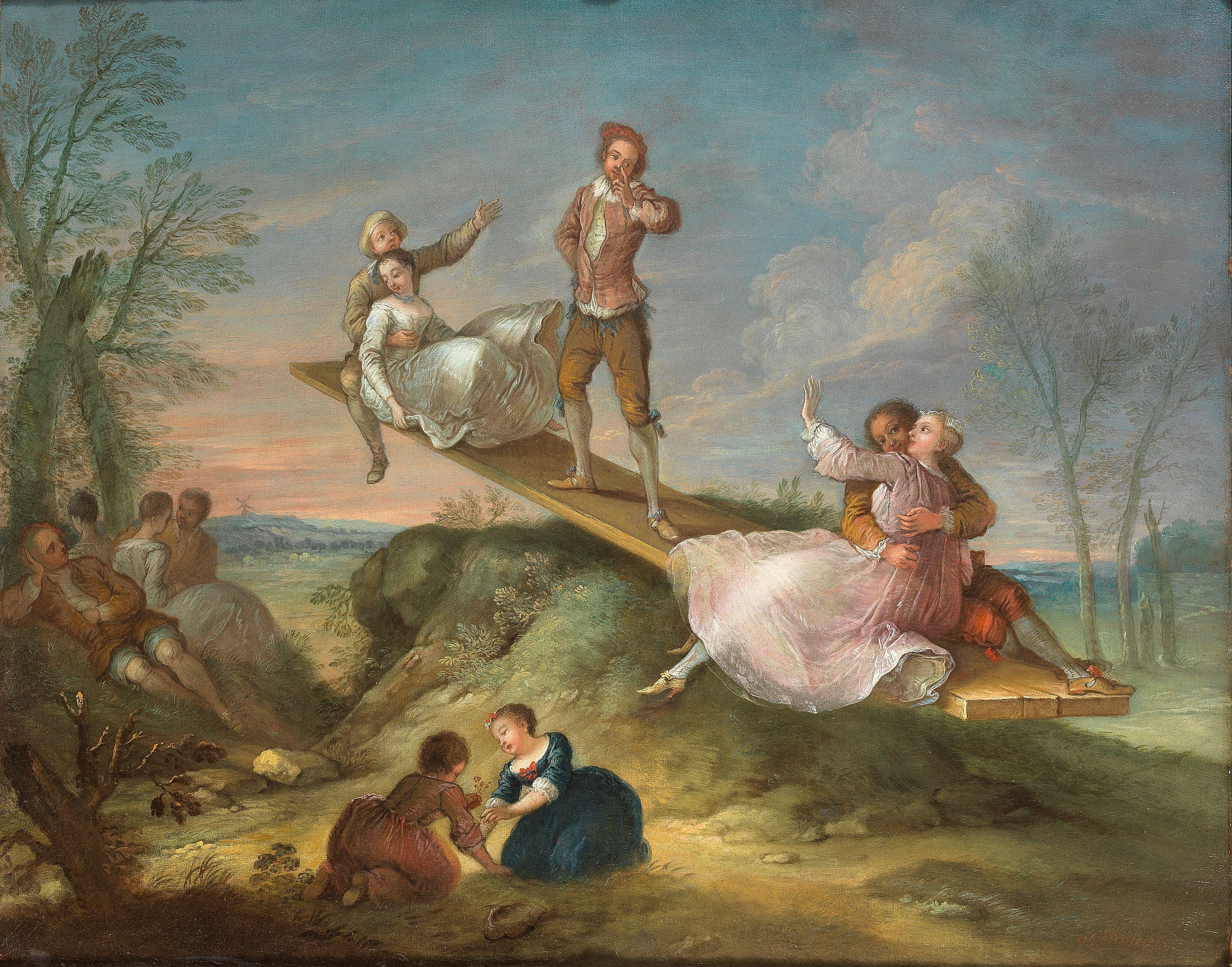 François Octavien - Elegant figures on a seesaw; and An elegant company dancing in a wooded landscape