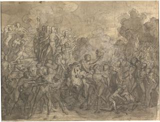 François-Pascal-Simon Gérard, Called Baron Gérard - A historical battle scene in before an altar (recto); Warriors with shields and a crowned figure (verso); and Two studies of allegorical figures