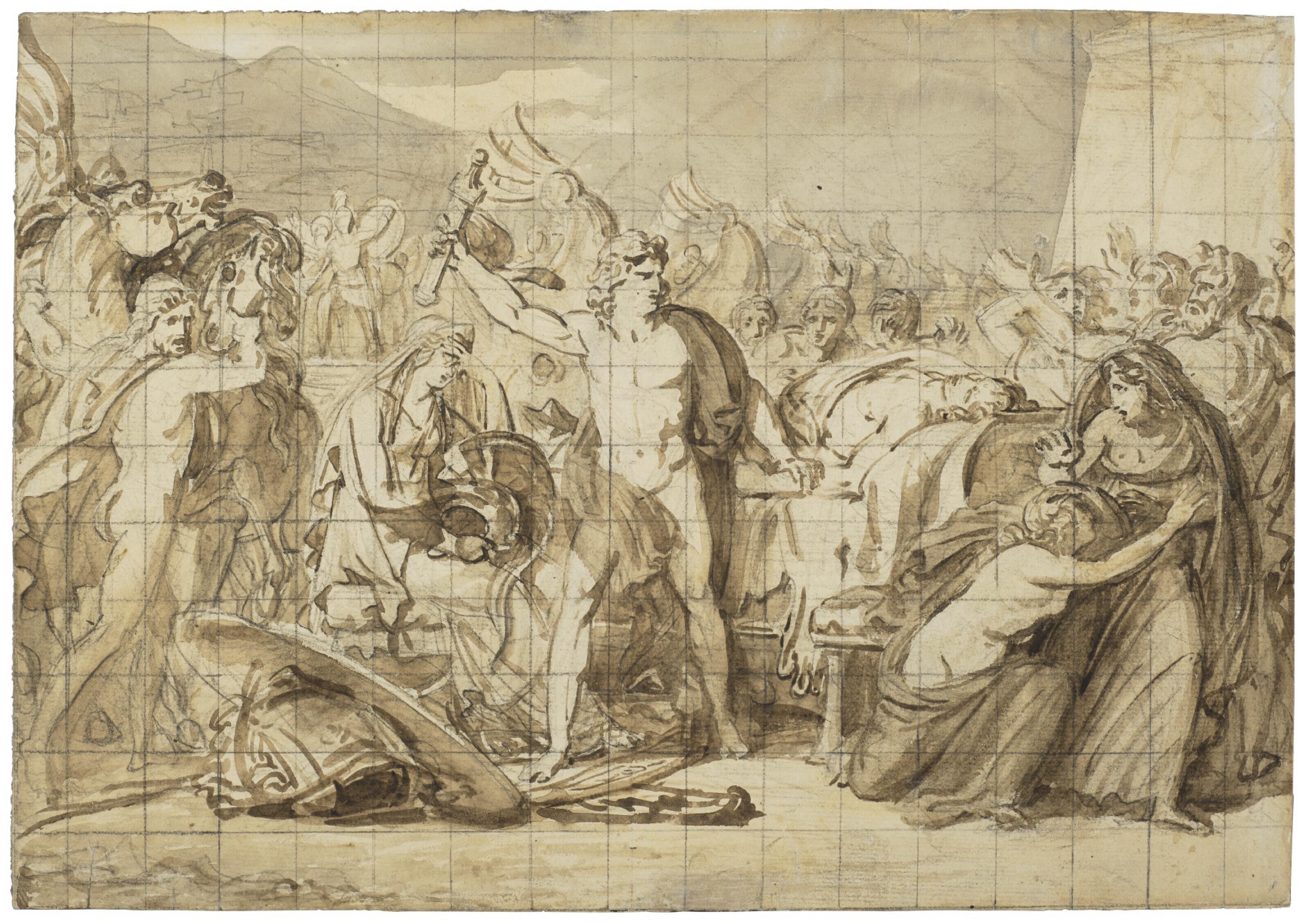 François-Pascal-Simon Gérard - Achilles swearing revenge beside the bier of Patroclus (recto); Study of three standing figures (verso)