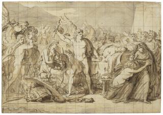 François-Pascal-Simon Gérard - Achilles swearing revenge beside the bier of Patroclus (recto); Study of three standing figures (verso)