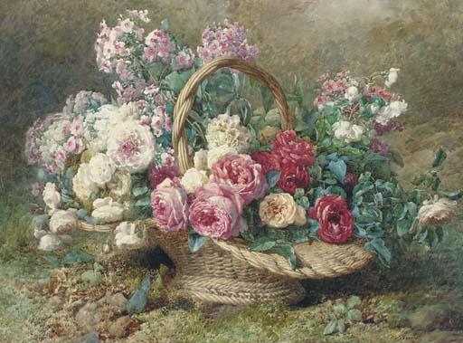 François Rivoire - A basket of roses and hydrangeas on a mossy bank