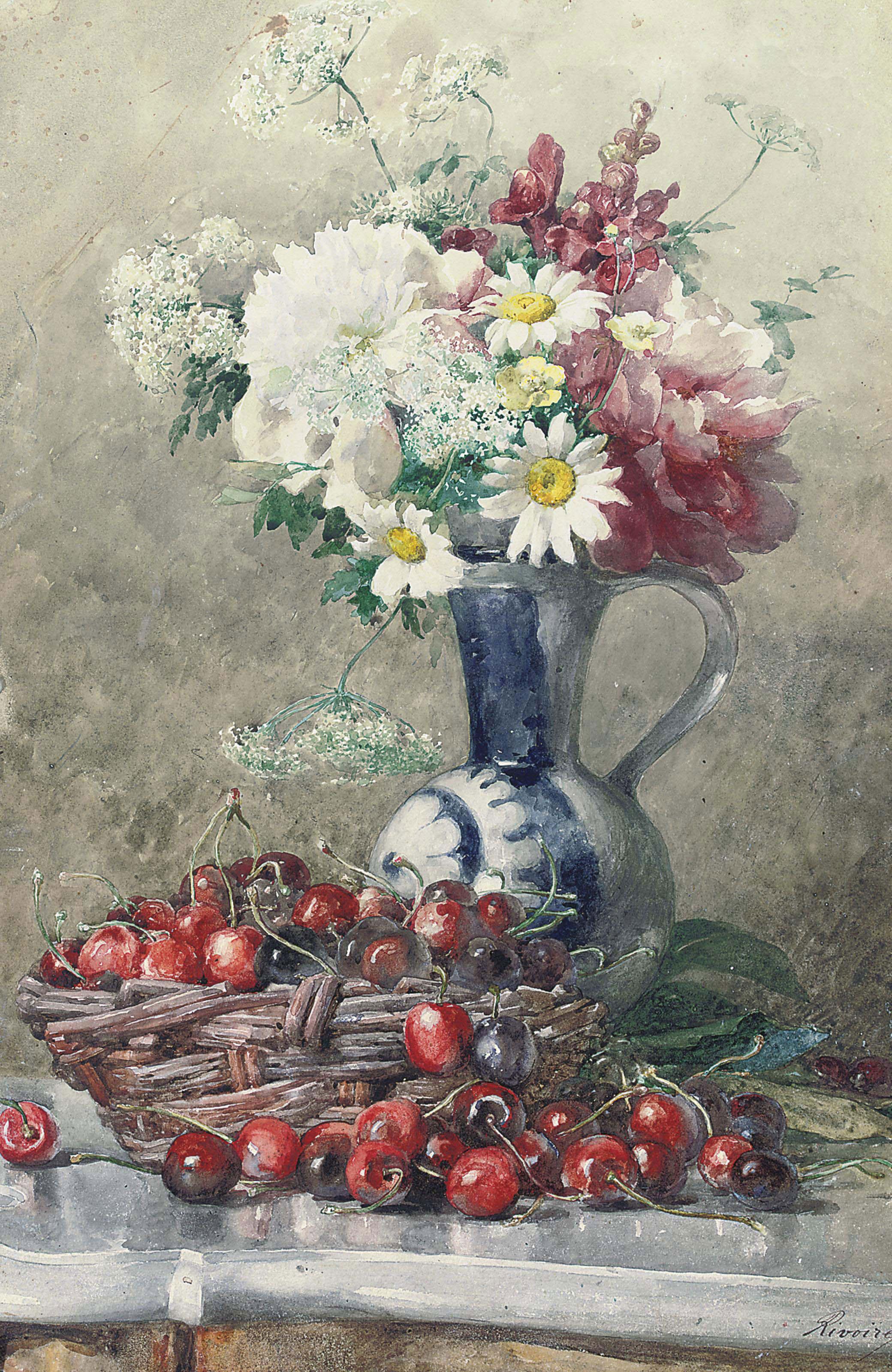 Francois Rivoire - Still life of a blue vase of mixed flowers and a basket of cherries (illustrated); and Still life of a coffee pot, apples, grapes, a spray of flowers and dish on a marble ledge