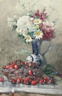 Francois Rivoire - Still life of a blue vase of mixed flowers and a basket of cherries (illustrated); and Still life of a coffee pot, apples, grapes, a spray of flowers and dish on a marble ledge