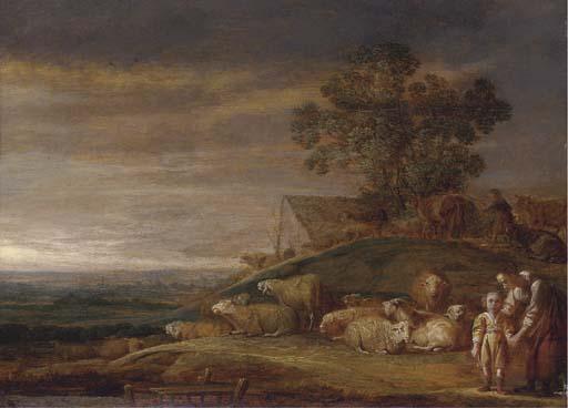 François Ryckhals - A river landscape with a shepherd, his family and flock