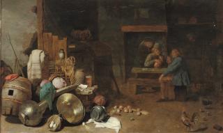 François Ryckhals - Peasants drinking and smoking in a barn with kitchen utensils in the foreground