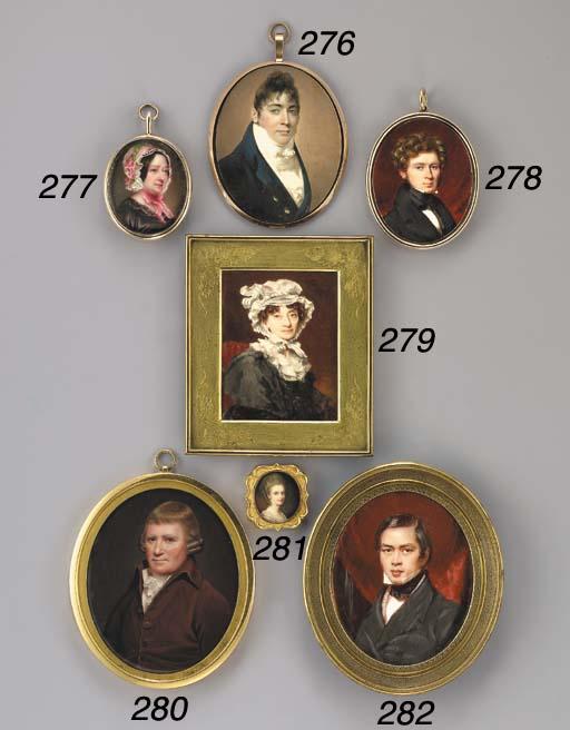 François Théodore Rochard - Lady Seaforth (née Mary Proby), seated in a red upholstered chair, in black dress with triple lace collar, sprigged lace bordered white  bonnet tied with striped green ribbons in her dark curling hair