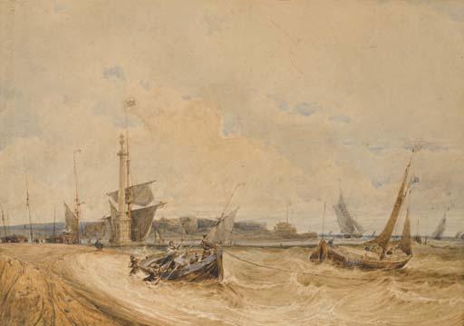 Francois-Thomas-Louis Francia - Fishermen in a small boat near the shore, perhaps at Calais, sailing boats in the background