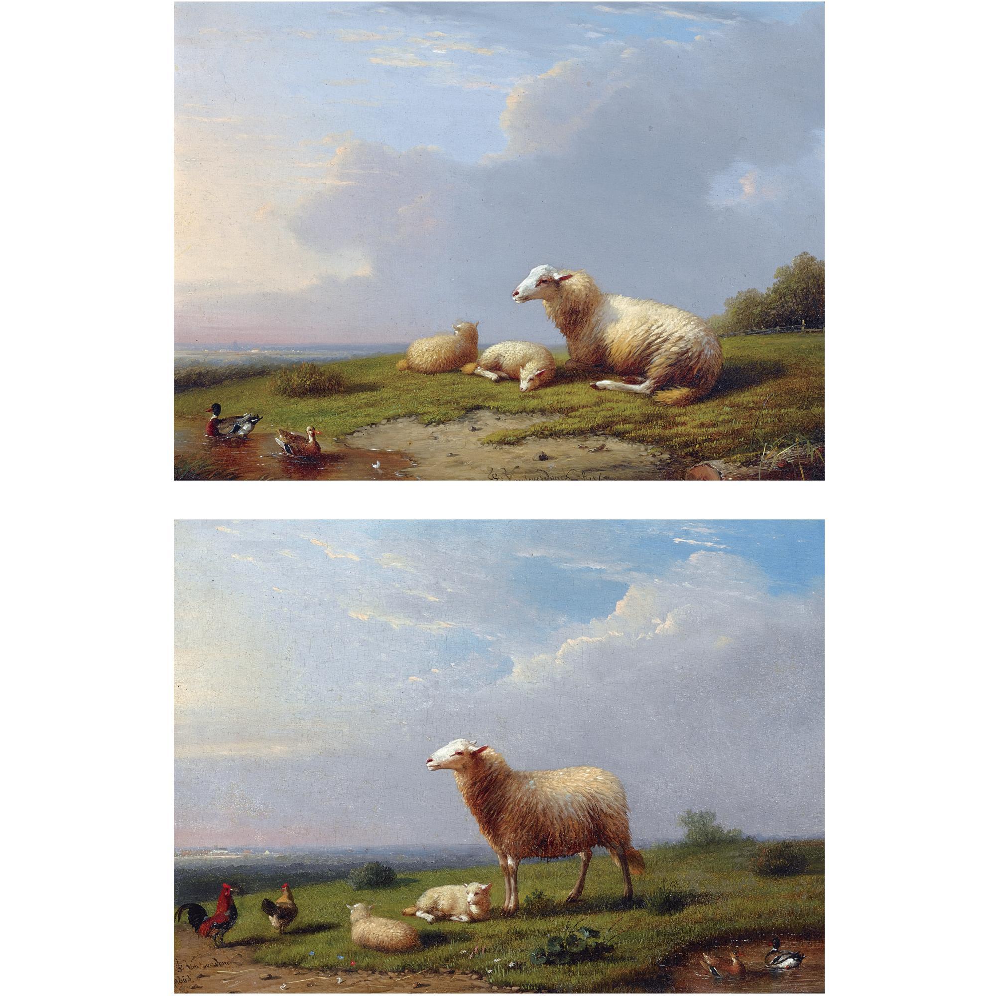 François Van Severdonck - Belgian Sheep Resting With Ducks In A Landscape; Sheep And Chickens Resting In A Landscape (A Pair)