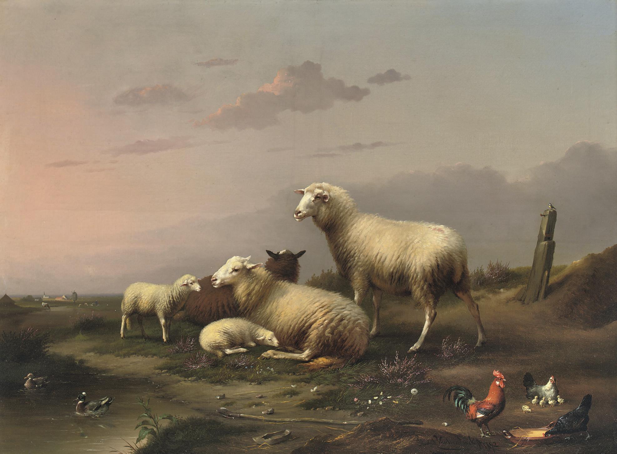 François van Severdonck - Sheep And Poultry Resting In The Pasture