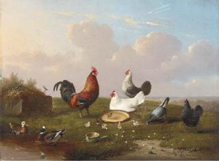 Francois Vandeverdonck - Poultry in a landscape at springtime
