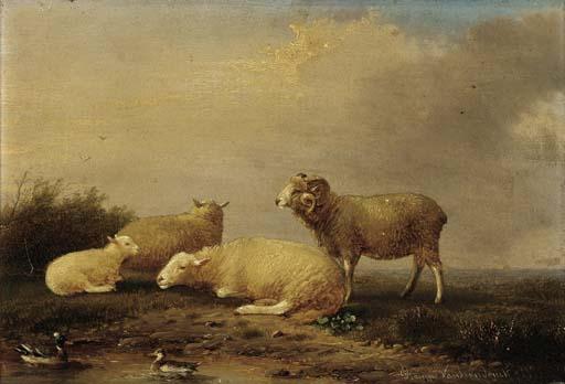 Francois Vandeverdonck - Sheep and ducks at a pond ; and A donkey, sheep and ducks at a pond