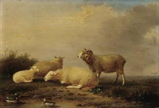 Francois Vandeverdonck - Sheep and ducks at a pond ; and A donkey, sheep and ducks at a pond