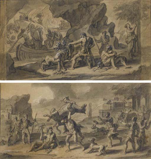 François Verdier - Hercule enchaînant Cerbère, Sisyphe et Prométhée au fond; et Hercule enlevant un cheval de Diomède