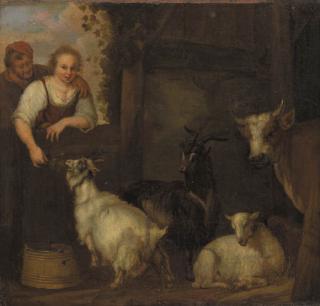 François Verwilt - A shepherd couple courting by a barn, goats and a cow nearby