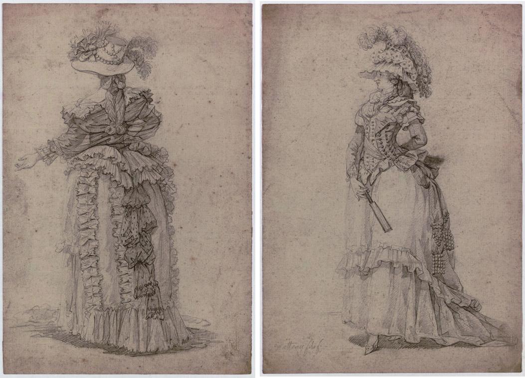 François Watteau - A fashionable lady seen from behind; and A fashionable lady holding a fan