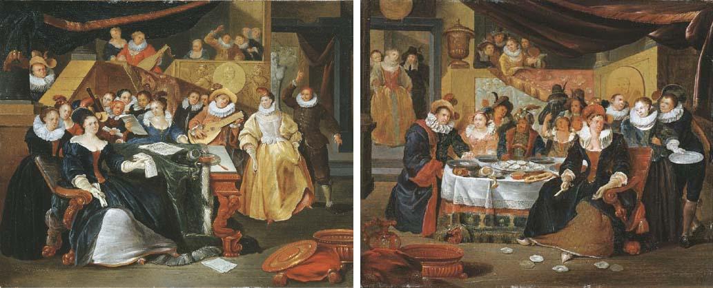 Francois Xavier Henri Verbeeck - The Sense of Hearing: elegant company making music in an interior; and The Sense of Taste: elegant company eating and drinking by a draped table in an interior