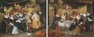 Francois Xavier Henri Verbeeck - The Sense of Hearing: elegant company making music in an interior; and The Sense of Taste: elegant company eating and drinking by a draped table in an interior