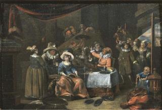 Francois Xavier Henri Verbeeck - The Sense of Taste: elegant company eating and drinking by a draped table in an interior