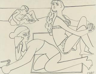 Françoise Gilot - Claude à l\'oursin et deux personnages sur la plage à Golfe-Juan