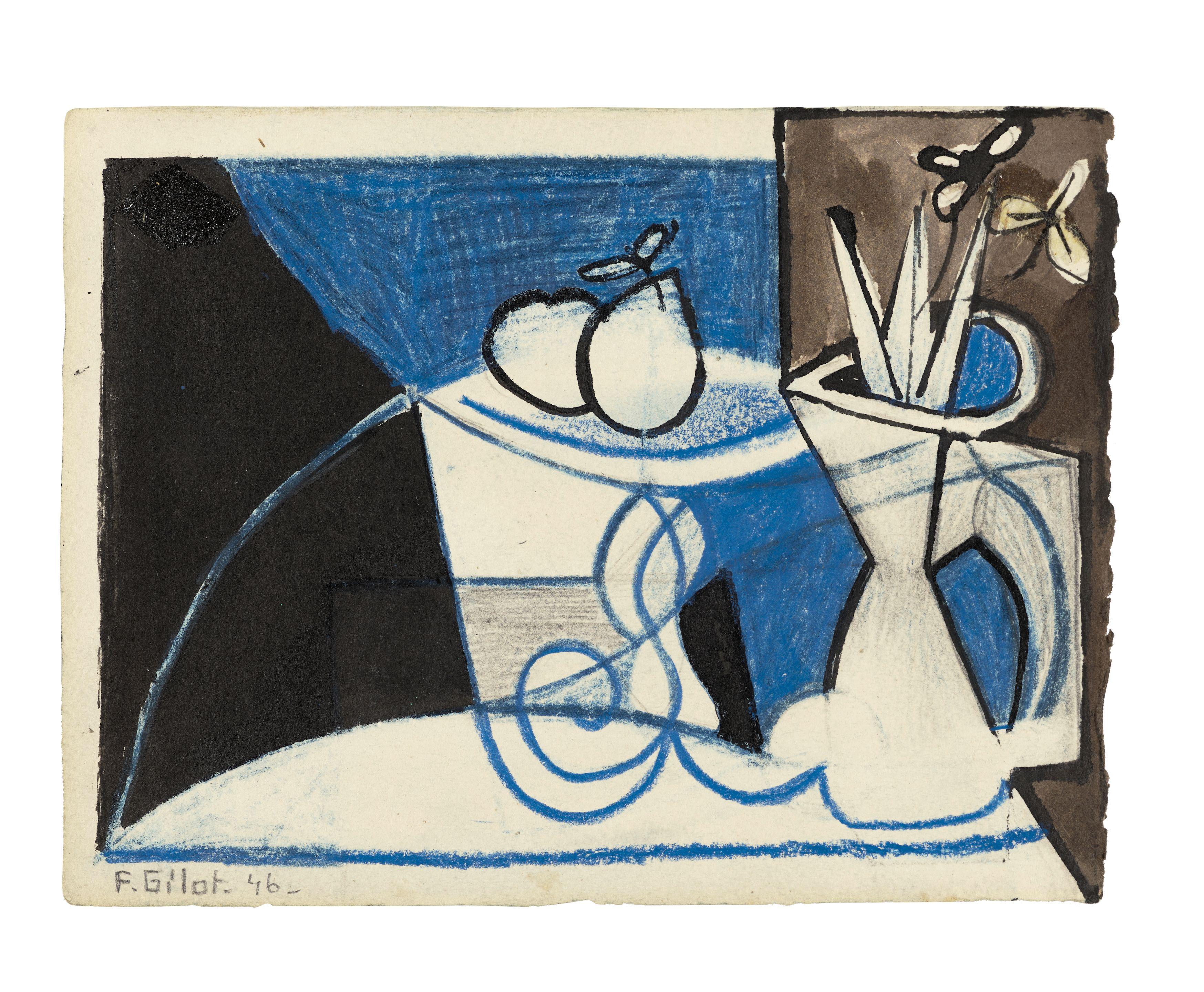 Françoise Gilot - Still life with blue curtain (recto); Still life with green curtain (verso)