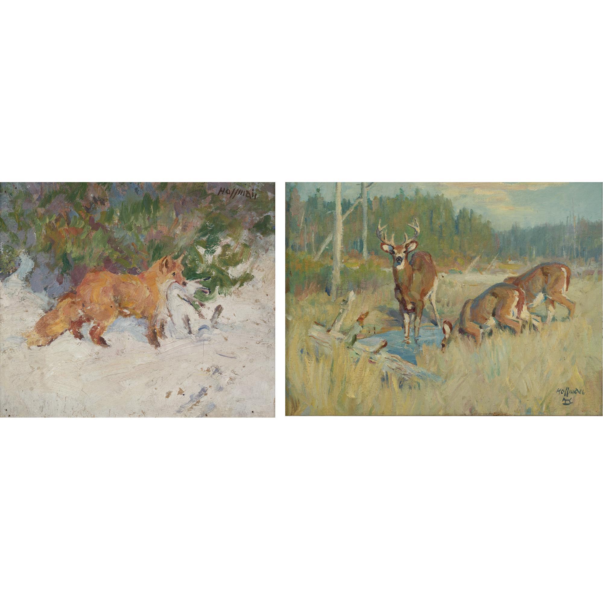 Frank B. Hoffman - Fox With Catch And Deer In A Field:  Two Paintings
