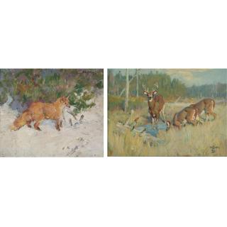 Frank B. Hoffman - Fox With Catch And Deer In A Field:  Two Paintings