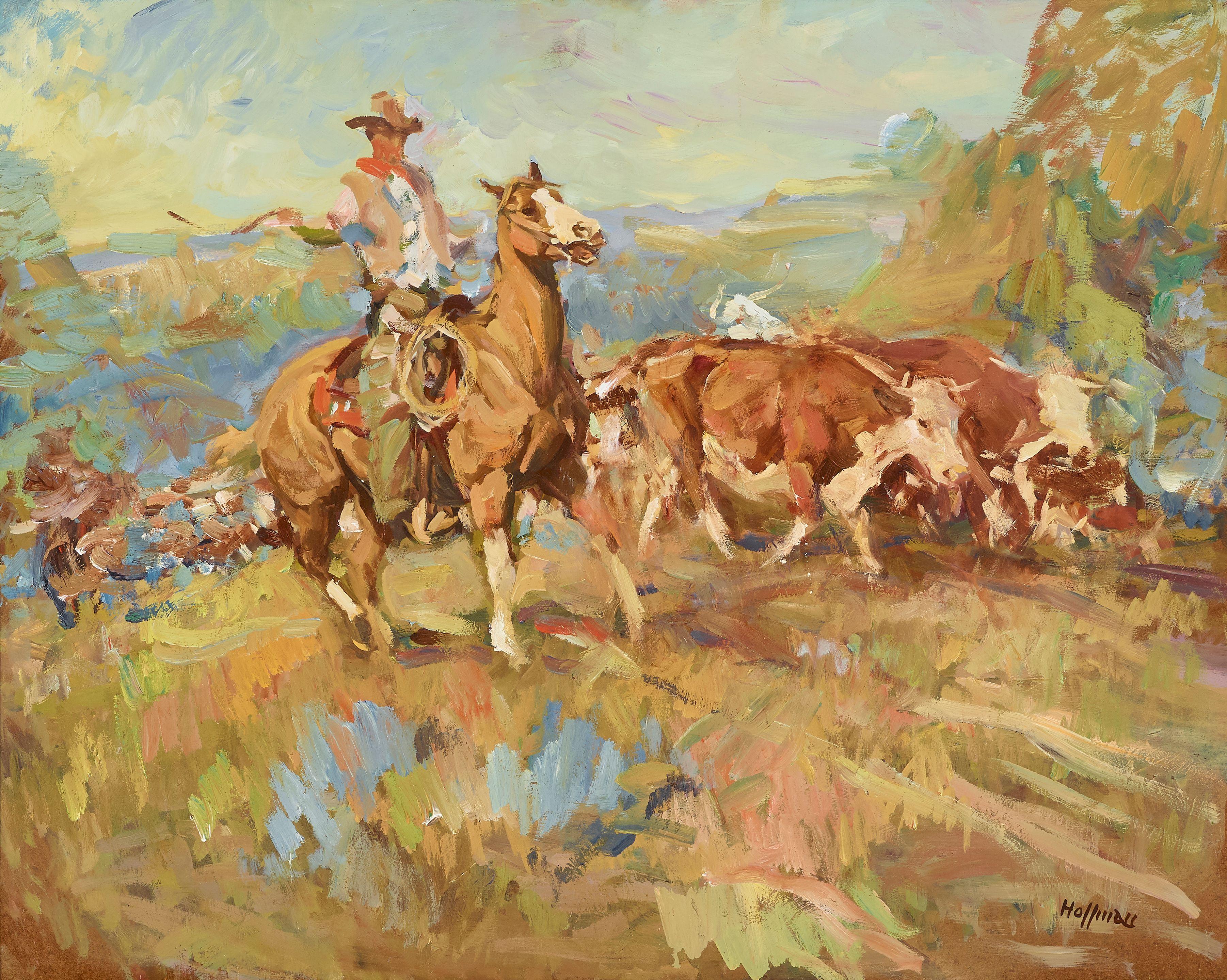 Frank B. Hoffman - Trail Herd, Cowboy and Cattle