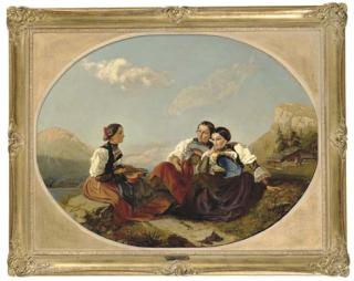 Frank Buchser - Drei Unterwaldner Trachtenmädchen Vor Berglandschaft, Um 1859