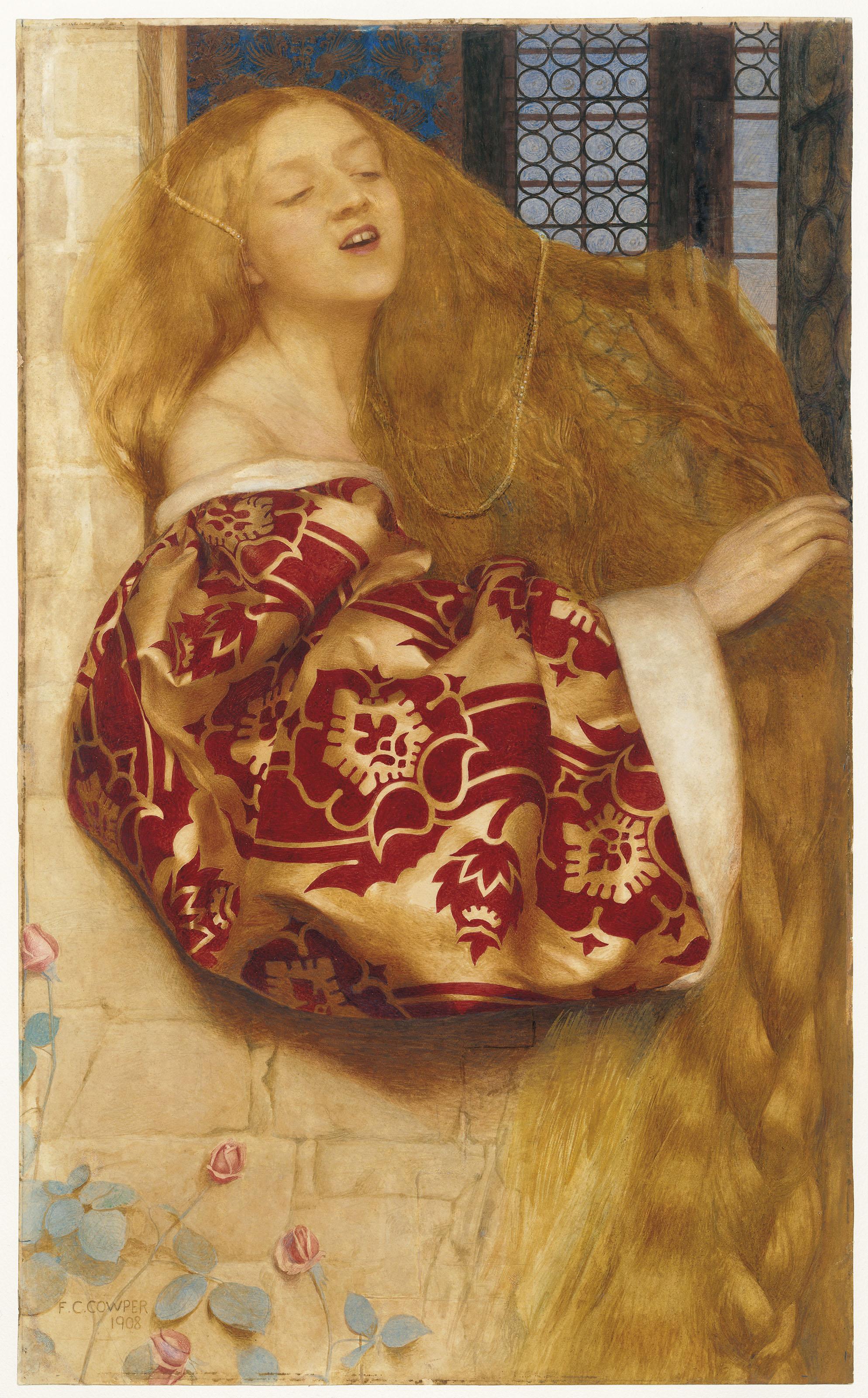 Frank Cadogan Cowper, R.A. - Rapunzel sings from the Tower  \'.... in the fire  Of sunset, I behold a face,  Which sometime, if God give me grace,  May kiss me in this very place\'  (Rapunzel - William Morris)