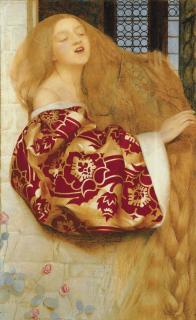 Frank Cadogan Cowper, R.A. - Rapunzel sings from the Tower \'.... in the fire Of sunset, I behold a face, Which sometime, if God give me grace, May kiss me in this very place\'             (Rapunzel -  William Morris)