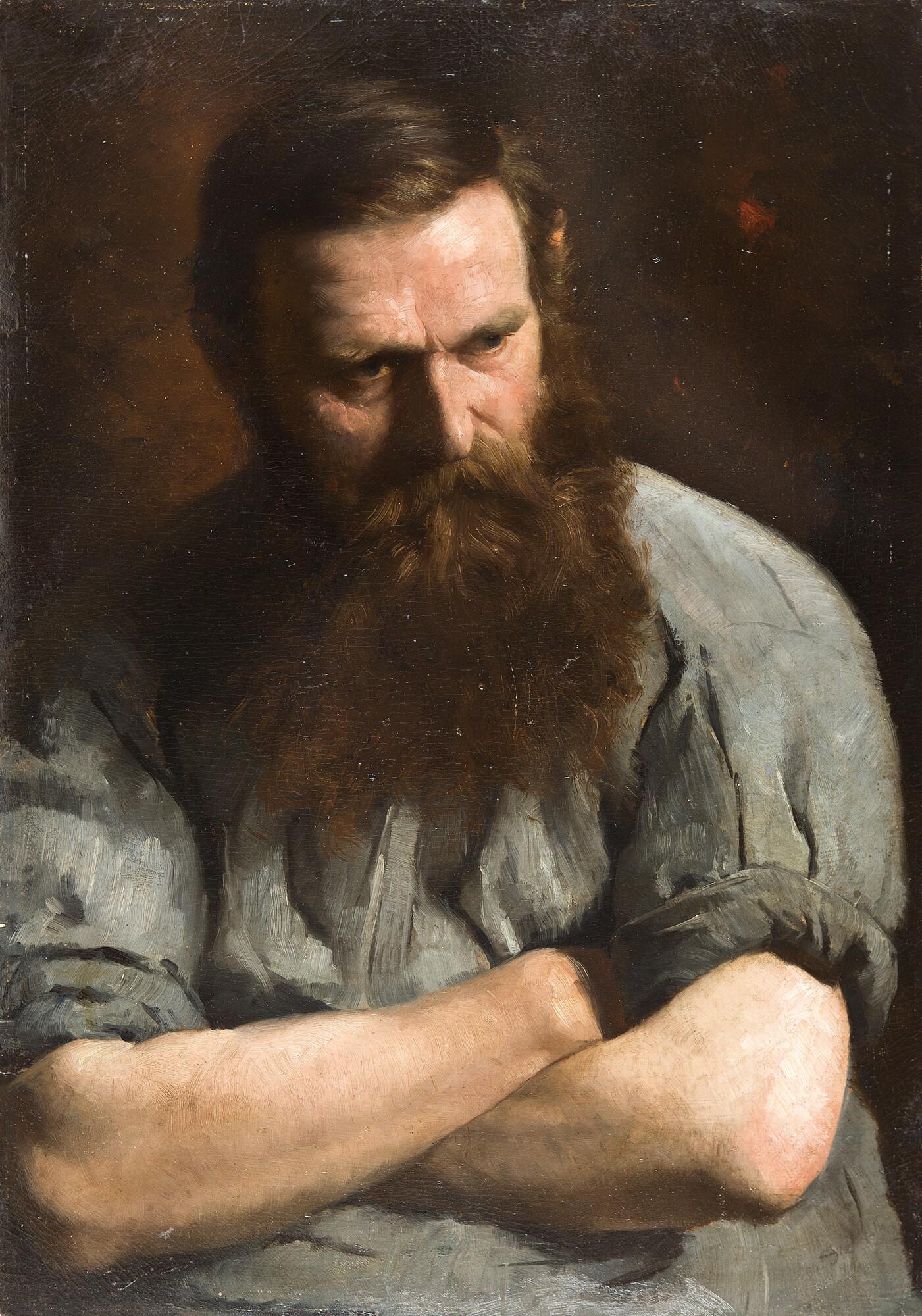 Frank Duveneck - Bildnis eines bärtigen Mannes mit verschränkten Armen.