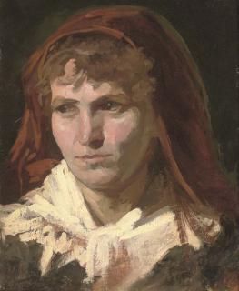 Frank Duveneck - Portrait of a lady, bust-length, in a red headscarf