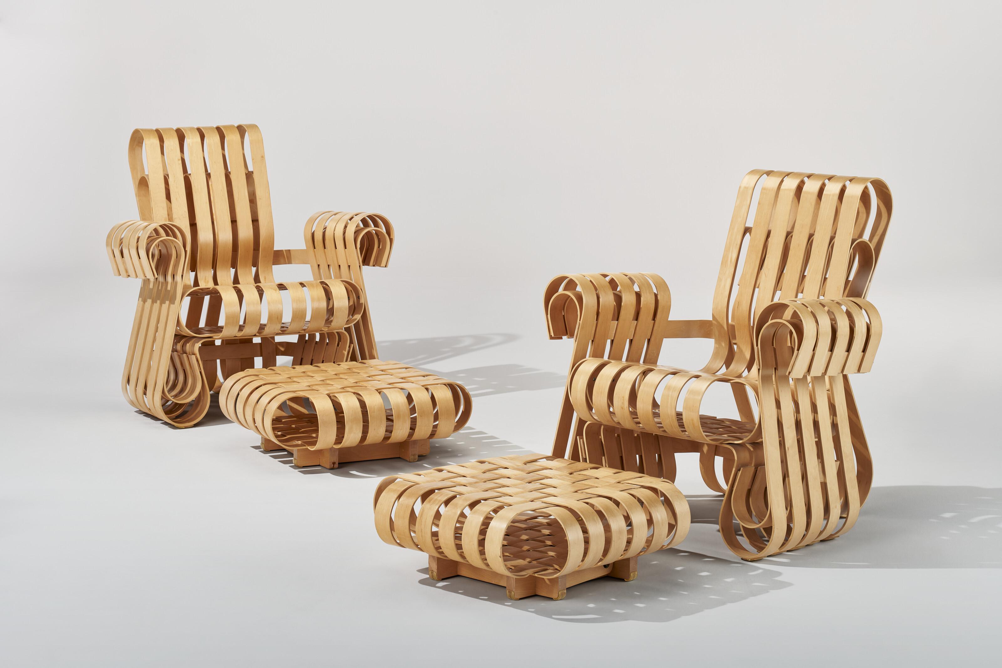 Frank Gehry - Pair of ‘Power Play’ Armchairs and \'Off Side\' Ottomans, designed 1991, executed 1994