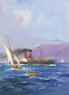 Frank Henry Mason, R.I., R.S.M.A. - A Clyde paddlesteamer (illustrated); A liner at Gibraltar; The ocean tug; and A liner in the Suez Canal