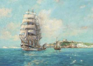 Frank Henry Mason, R.I., R.S.M.A. - A four-master in the Channel off Dover with a pilot cutter standing by