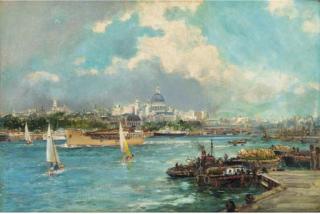 Frank Henry Mason, R.I., R.S.M.A. - Bustling activity on the Thames before St. Paul\'s Cathedral