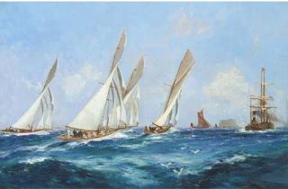 Frank Henry Mason, R.I., R.S.M.A. - Racing Yachts Reaching In A Stiff Breeze In The Solent