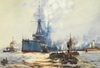 Frank Henry Mason - A British battleship being towed out of harbour