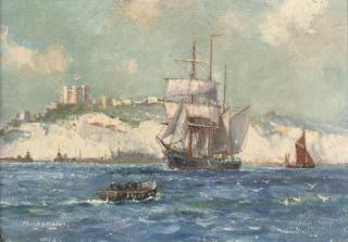 Frank Henry Mason - A pilot launch leading ships out, off Dover Castle
