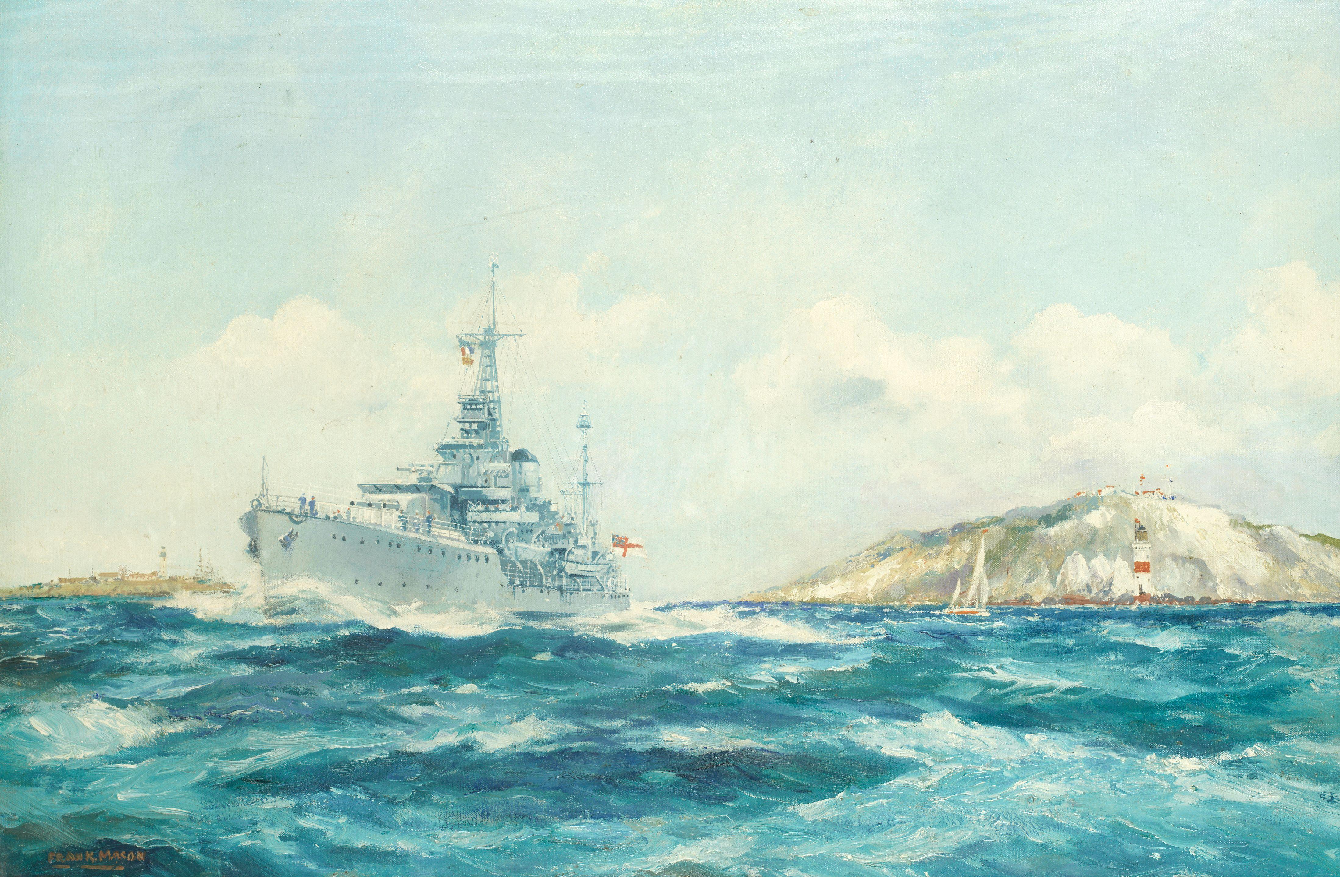 Frank Henry Mason - A post-War cruiser leaving the Solent between Hurst Castle and The Needles
