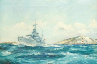 Frank Henry Mason - A post-War cruiser leaving the Solent between Hurst Castle and The Needles