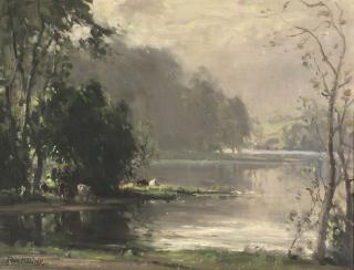 Frank McKelvey, R.H.A., R.U.A. - Cattle in a river landscape
