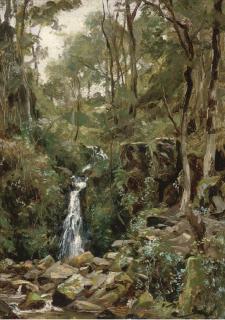 Frank Moss Bennett - A Wooded Waterfall