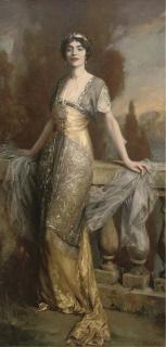 Frank Moss Bennett - Portrait A Lady, Traditionally Identified As Rosa Lewis, Full-Length, In An Evening Dress, On A Balcony With A Landscape Beyond