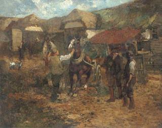 Frank Mura - Figures and horses in a farm yard