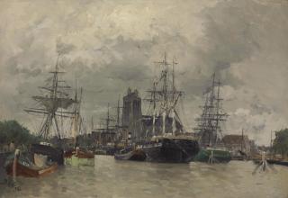 Frank Myers Boggs - Dordrecht Harbor With Shipping And Cathedral