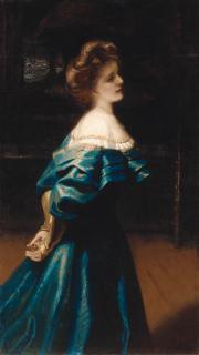 Frank O. Salisbury - Portrait Of A Young Lady, Three Quarter Length, Wearing A Blue Dress With Gold Sleeves And A Necklace